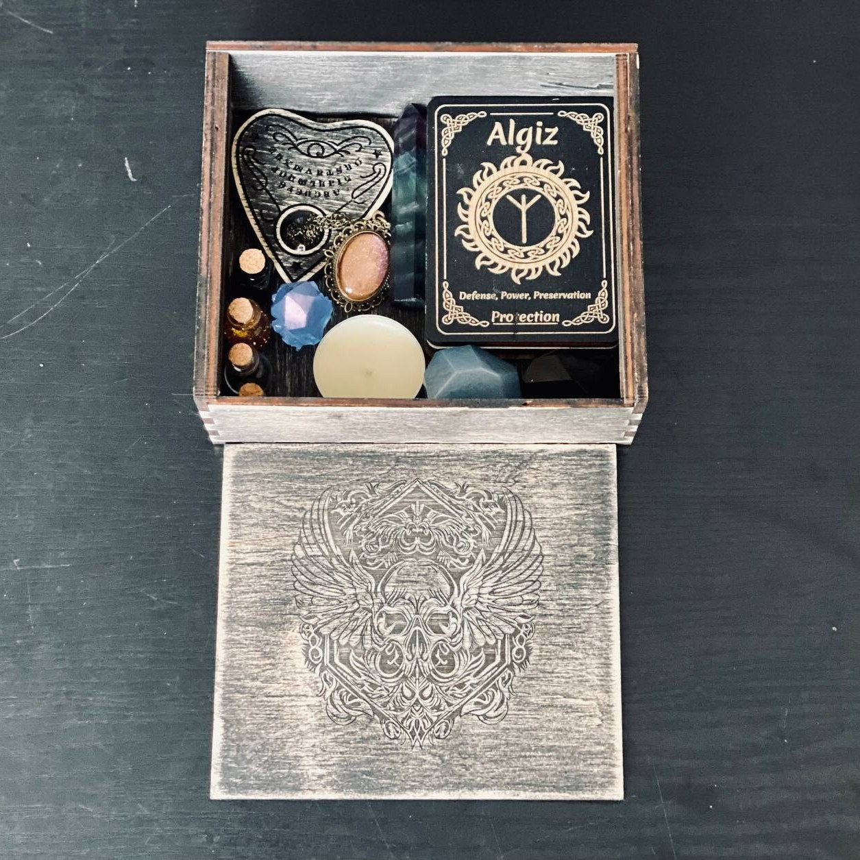 Tarot cards and crystals storage wooden box, Engraved personalized casket for witch tools