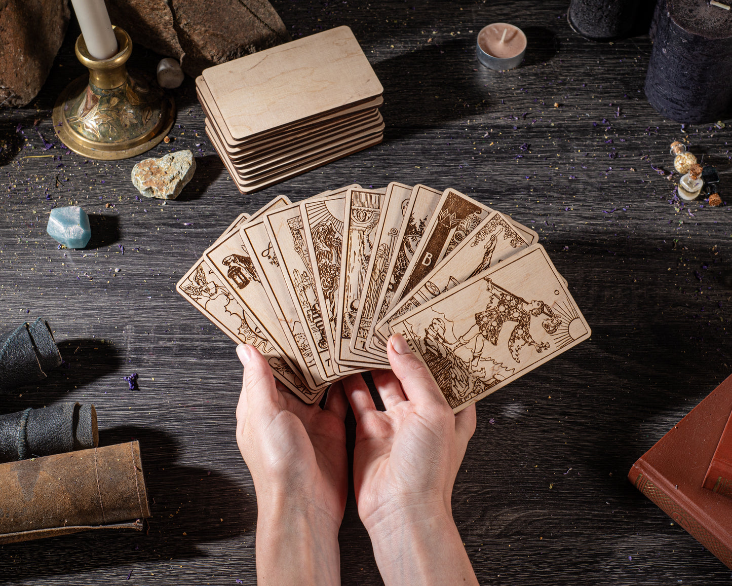 wooden tarot cards rider waite smith laser engraved details