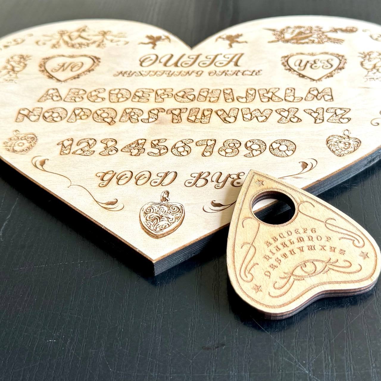Love Ouija Board Heart Shape with Planchette, Romantic Witch Gift Decor