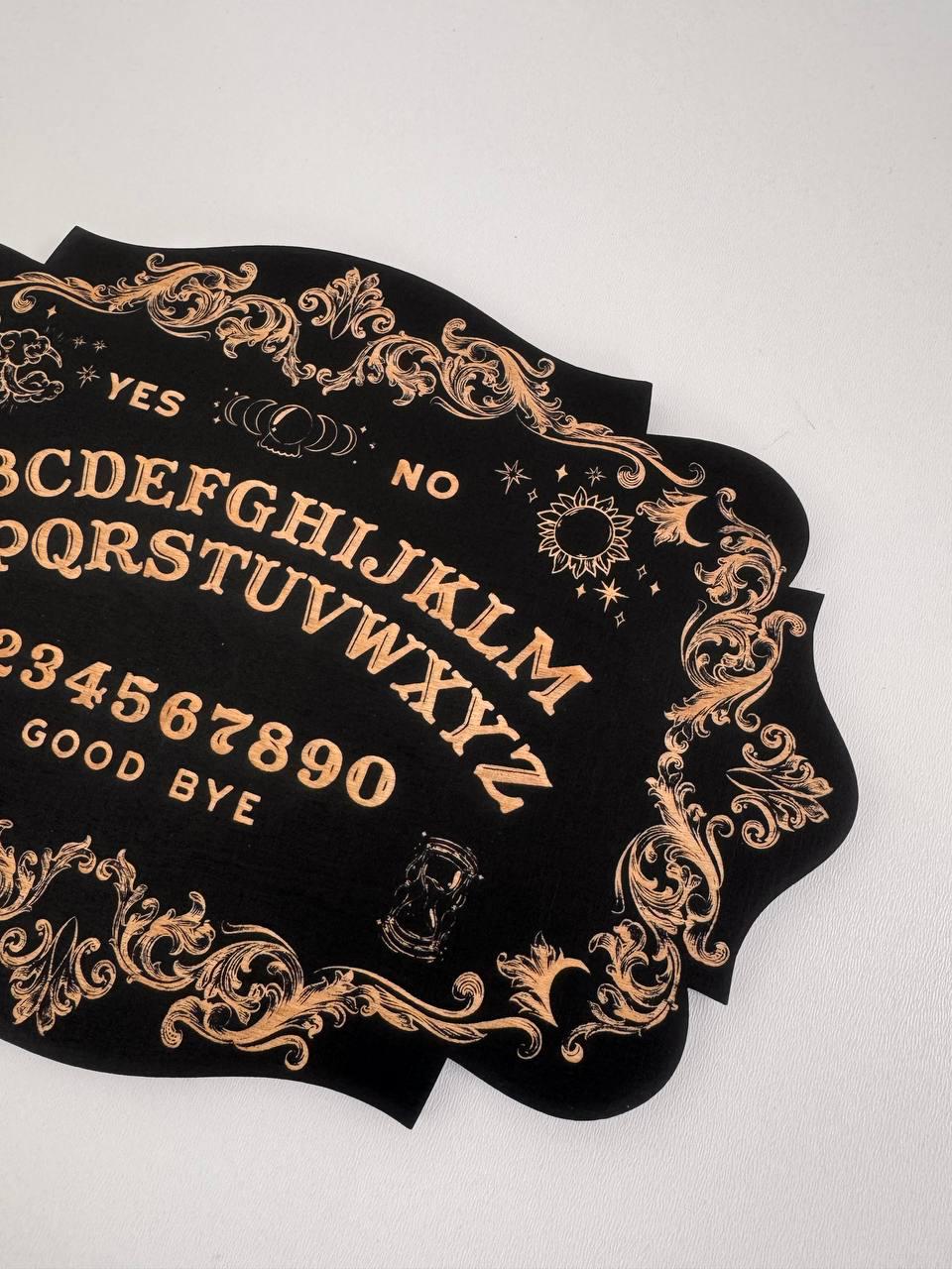 Ouija board, black wood, spirit board with planchette, gothic divination decor