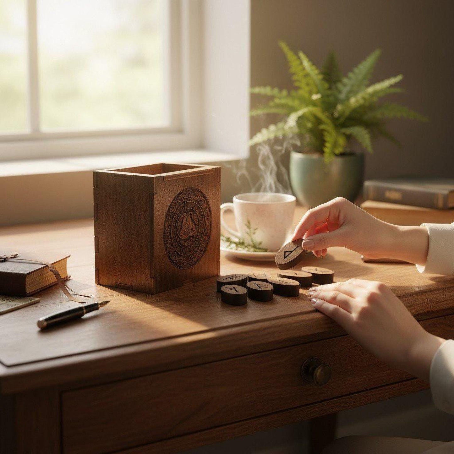 A person's hands are seen playing with wooden blocks on a wooden desk, with a cup of coffee and a plant nearby.