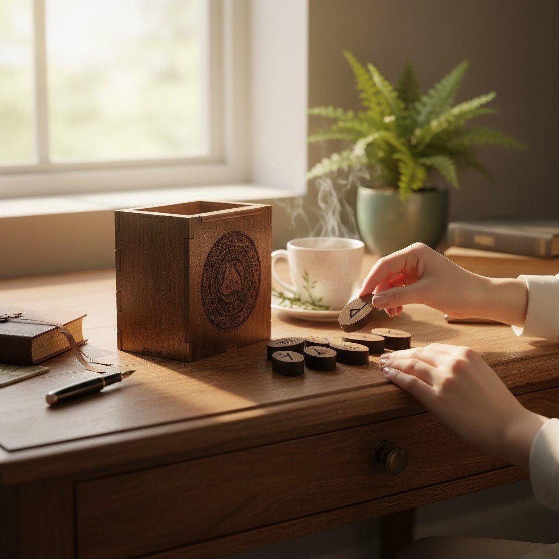 A person's hands are seen playing with wooden blocks on a wooden desk, with a cup of coffee and a plant nearby.