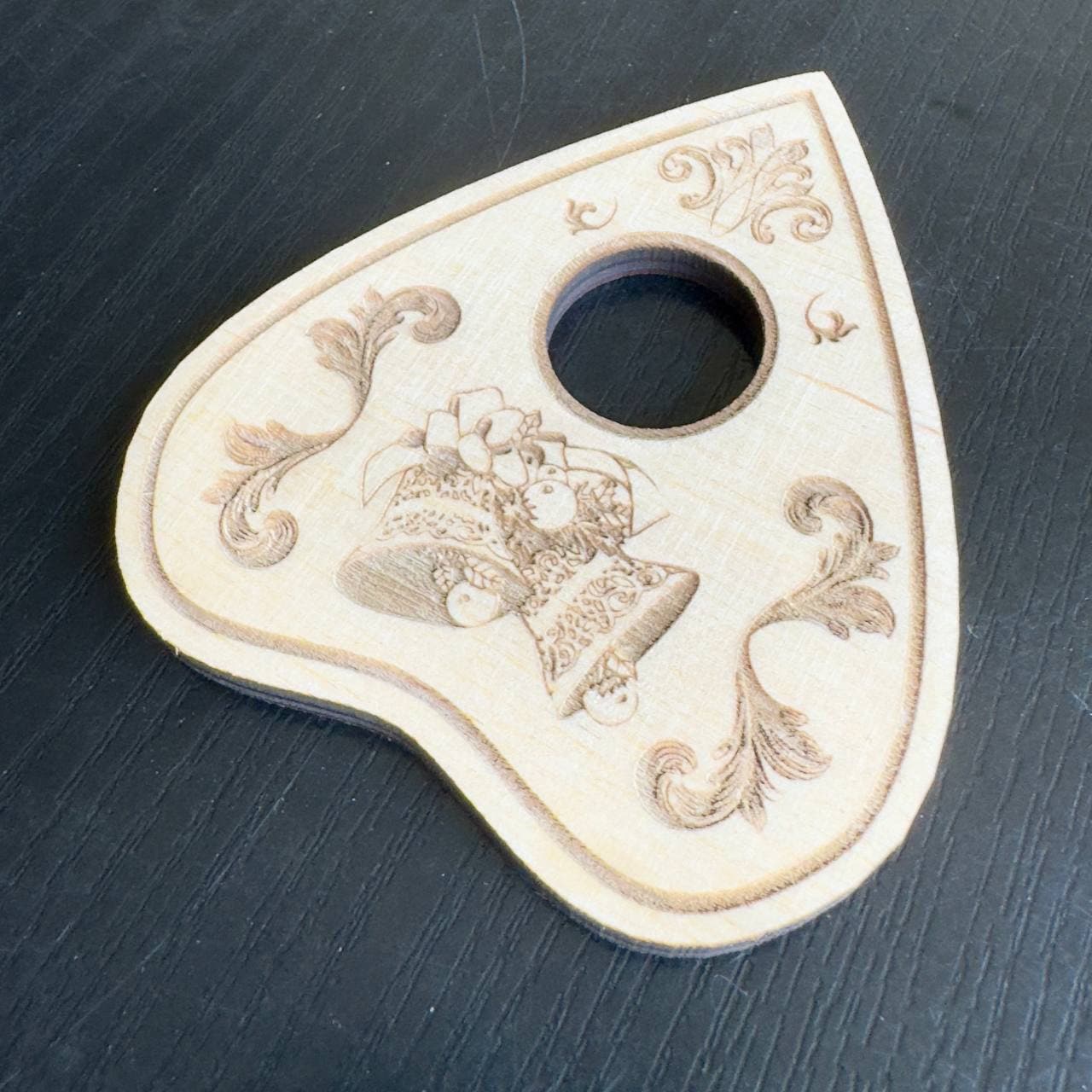 Christmas Bell Ouija Planchette: Engraved Wooden Spirit Board Tool