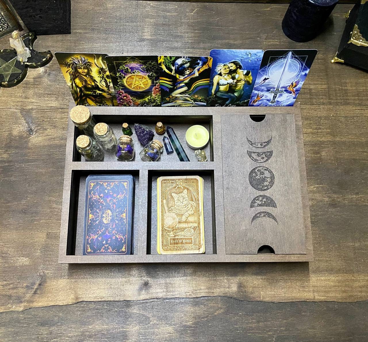 Moon Phase Tarot Box, Wooden Organizer for Cards, Witch Altar Storage Case, Crystal Divider Box