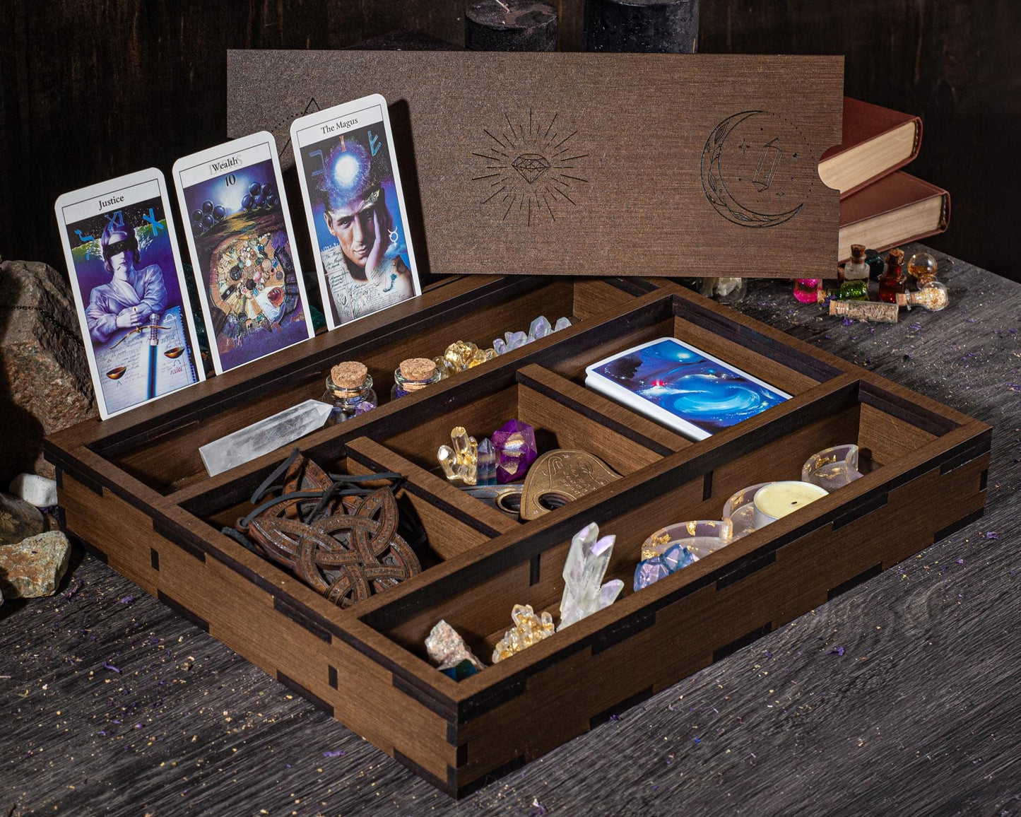 Engraved Wooden Tarot Box: Wiccan Crystal Storage, Personalized Witch Decor