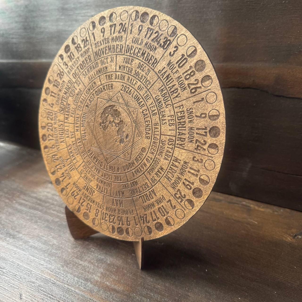 2026 Lunar Calendar Wood Moon Phase Wheel, Witch Altar Decor with Stand, Pagan Astrology Gift