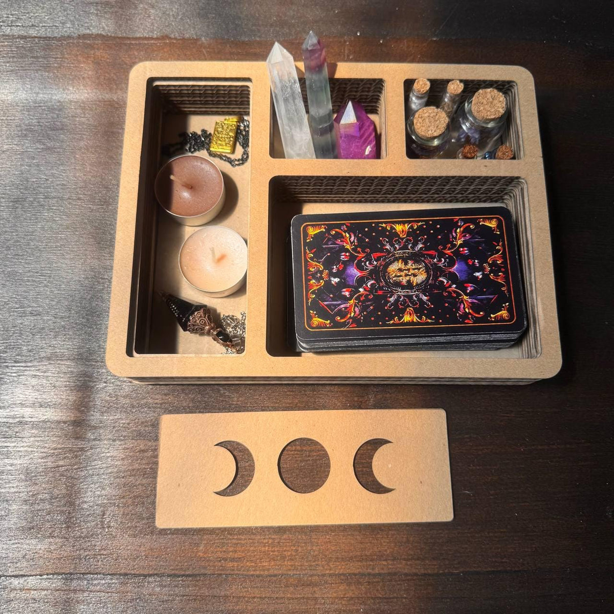 Moon Phase Tarot and Crystal Organizer, Divided Witchcraft Storage Box