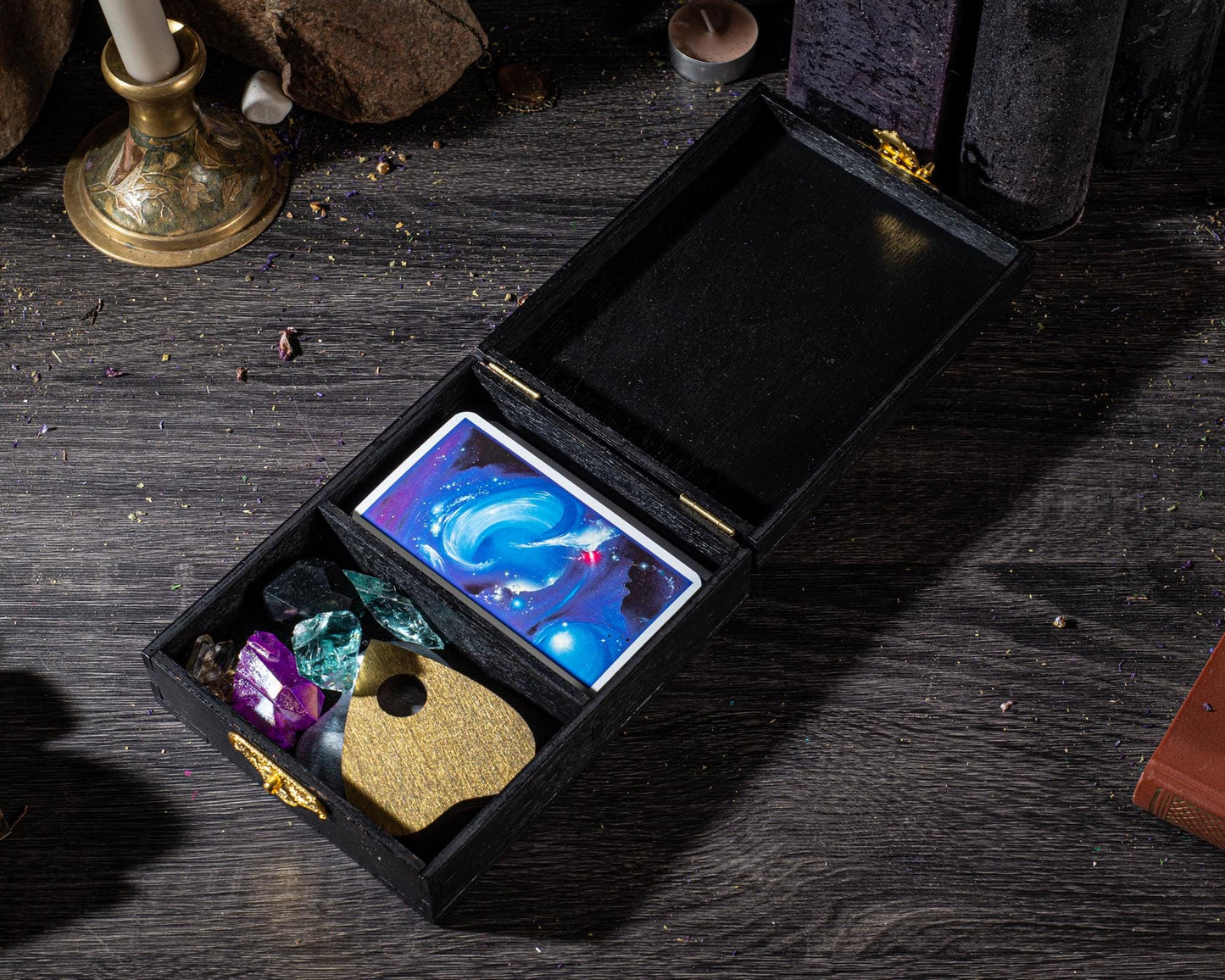 Personalized Gold & Black Wooden Tarot Card Box: Witch Altar Decor