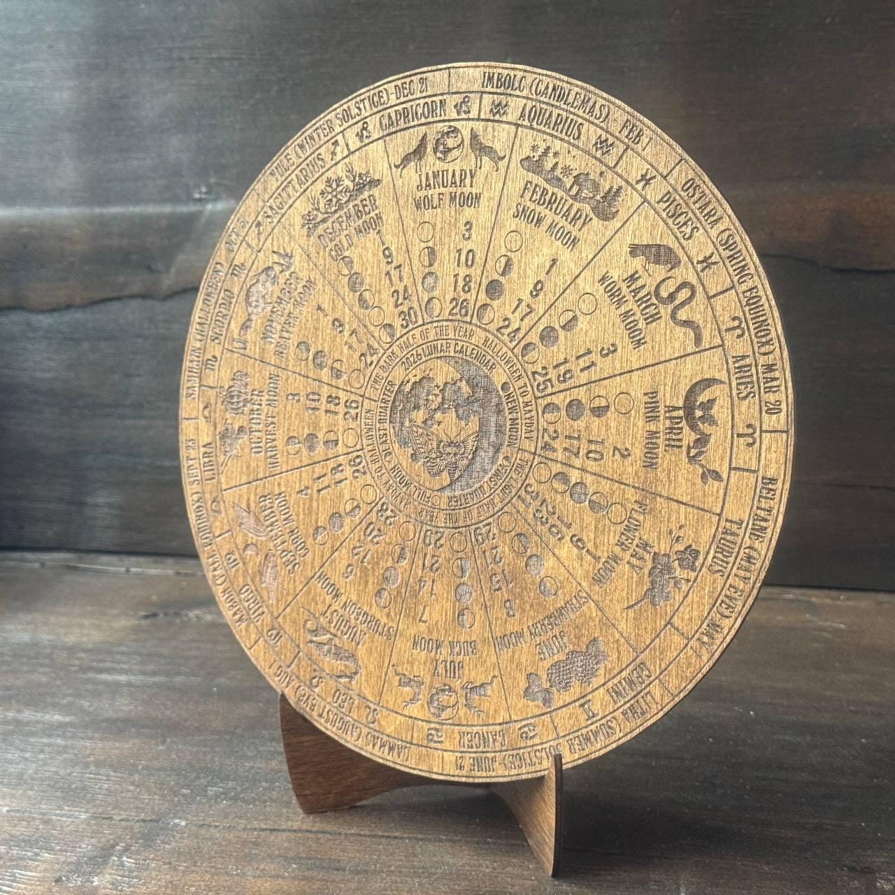 2026 Lunar Calendar Wooden Wall Art, Moon Phase Zodiac Decor for Astrology Lovers