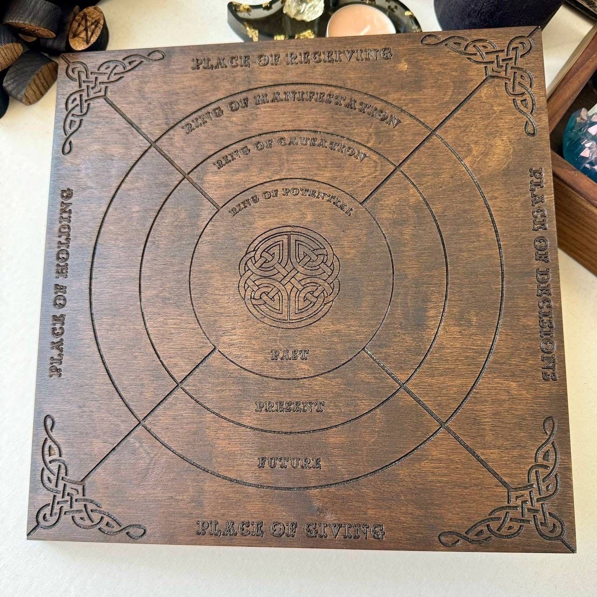 a wooden board with intricate carvings and text, including the words "Place of Reservation", "Place of Worship", "Place of Vestment", "Place of Stewardship", "Place of Future", and "Place of Worship".