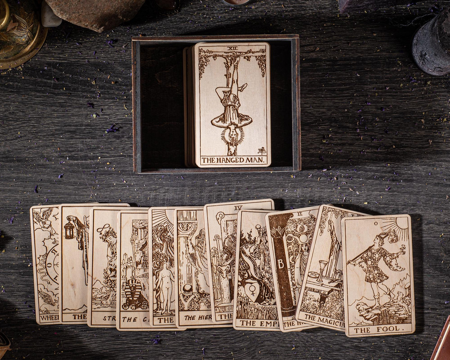 Wooden Tarot Cards 22 Major Arcana Rider Waite Natural Wood Engraved Deck with Box