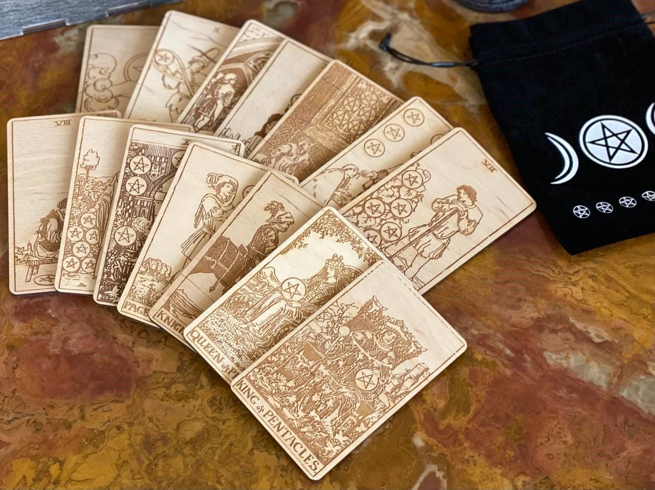 Wooden Tarot Cards Pentacles Suit Rider–Waite–Smith Engraved Deck Earth Element