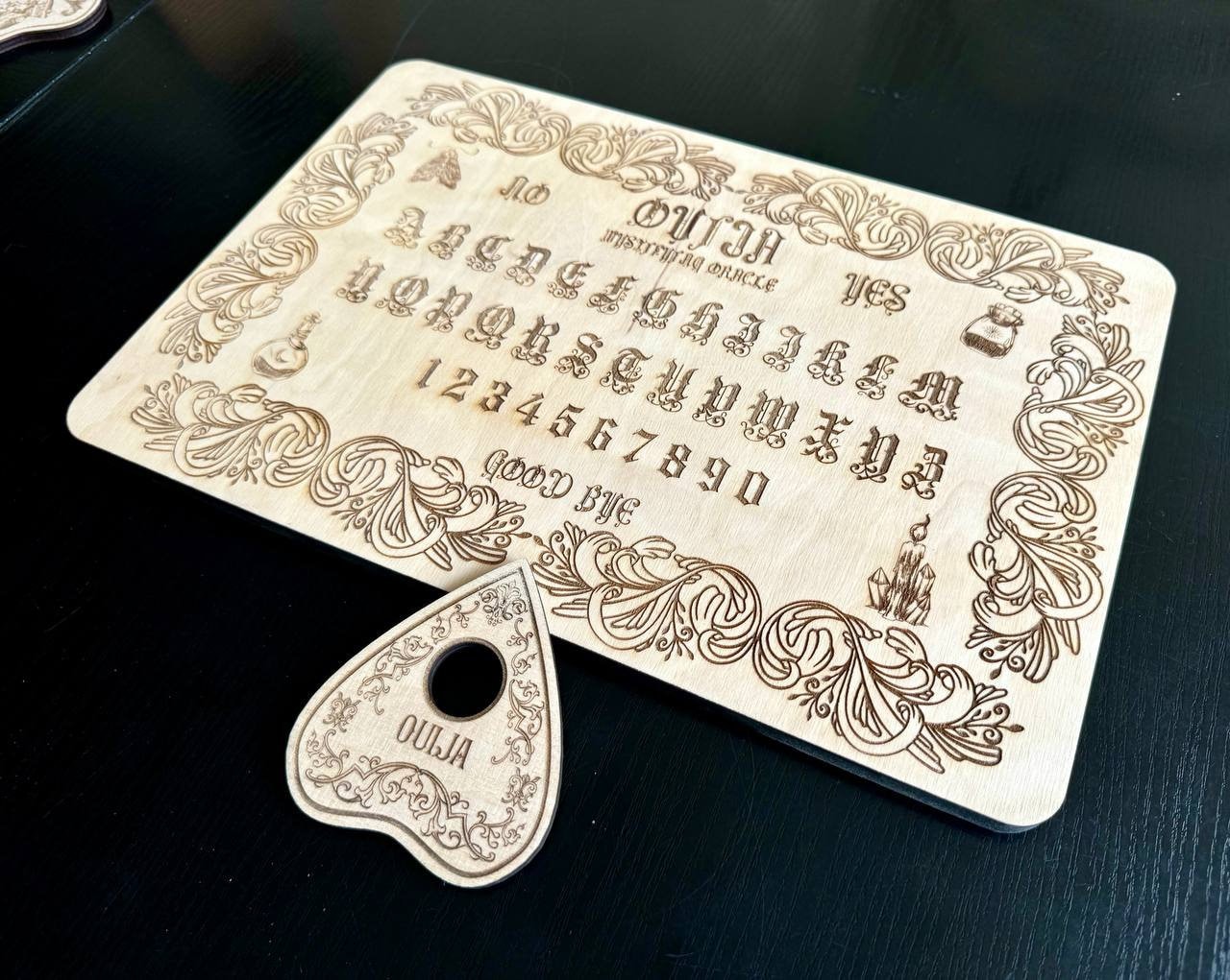 Wooden Ouija Board with Planchette, Engraved Spirit Board, Gothic Alphabet Talking Board