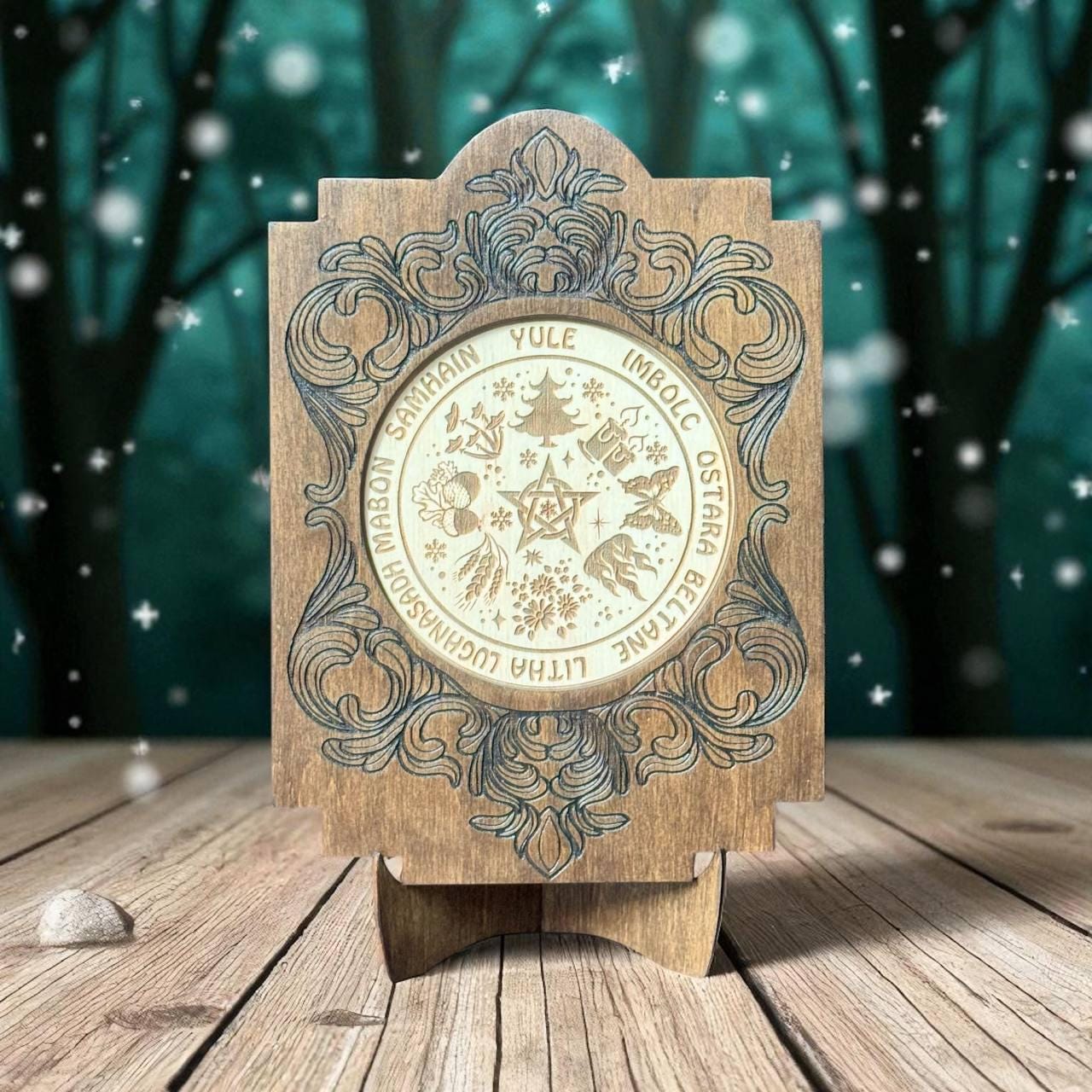 Wooden Wheel of the Year Altar Calendar with Stand, Engraved Wiccan Sabbat Decor