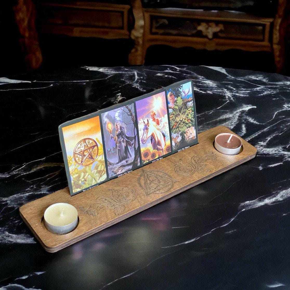 Engraved Wooden Tarot Card Holder with Candle Stand, Personalized Altar Display