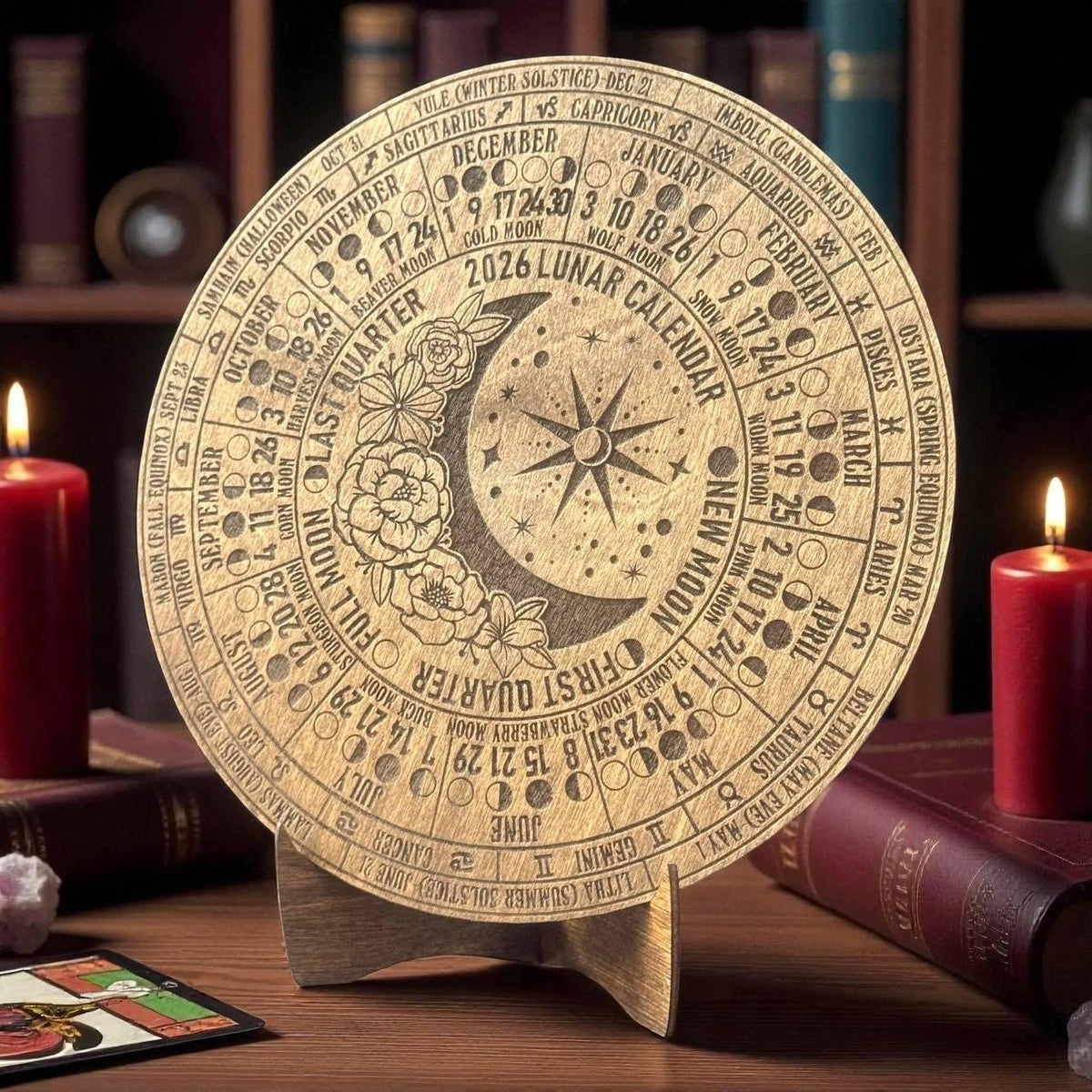 2026 Lunar Moon Phase Calendar – Floral Wood Moon Chart in Walnut Stain with Stand
