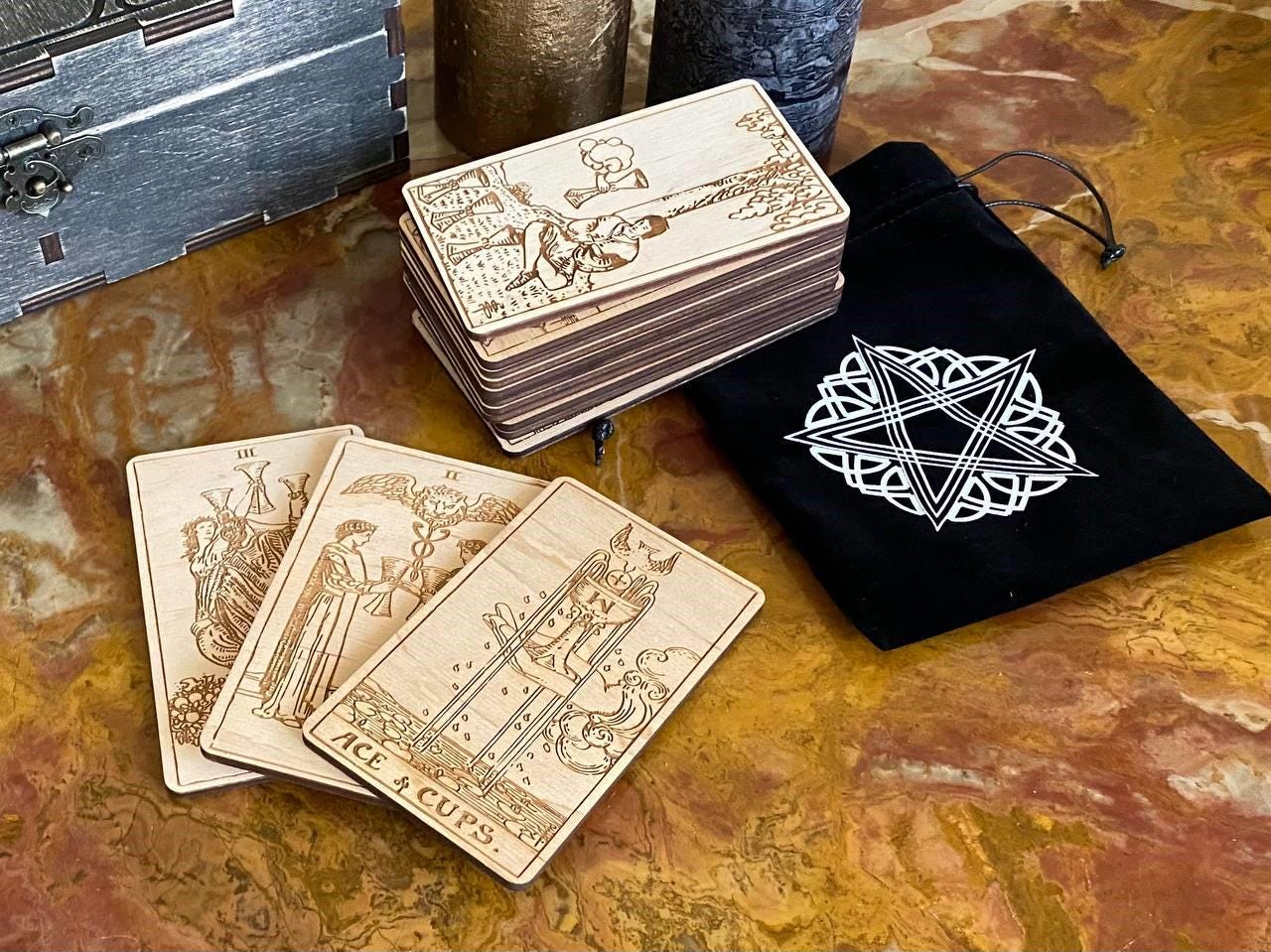 Wooden Tarot Cards Cups Suit Rider–Waite–Smith Engraved Deck Water Element