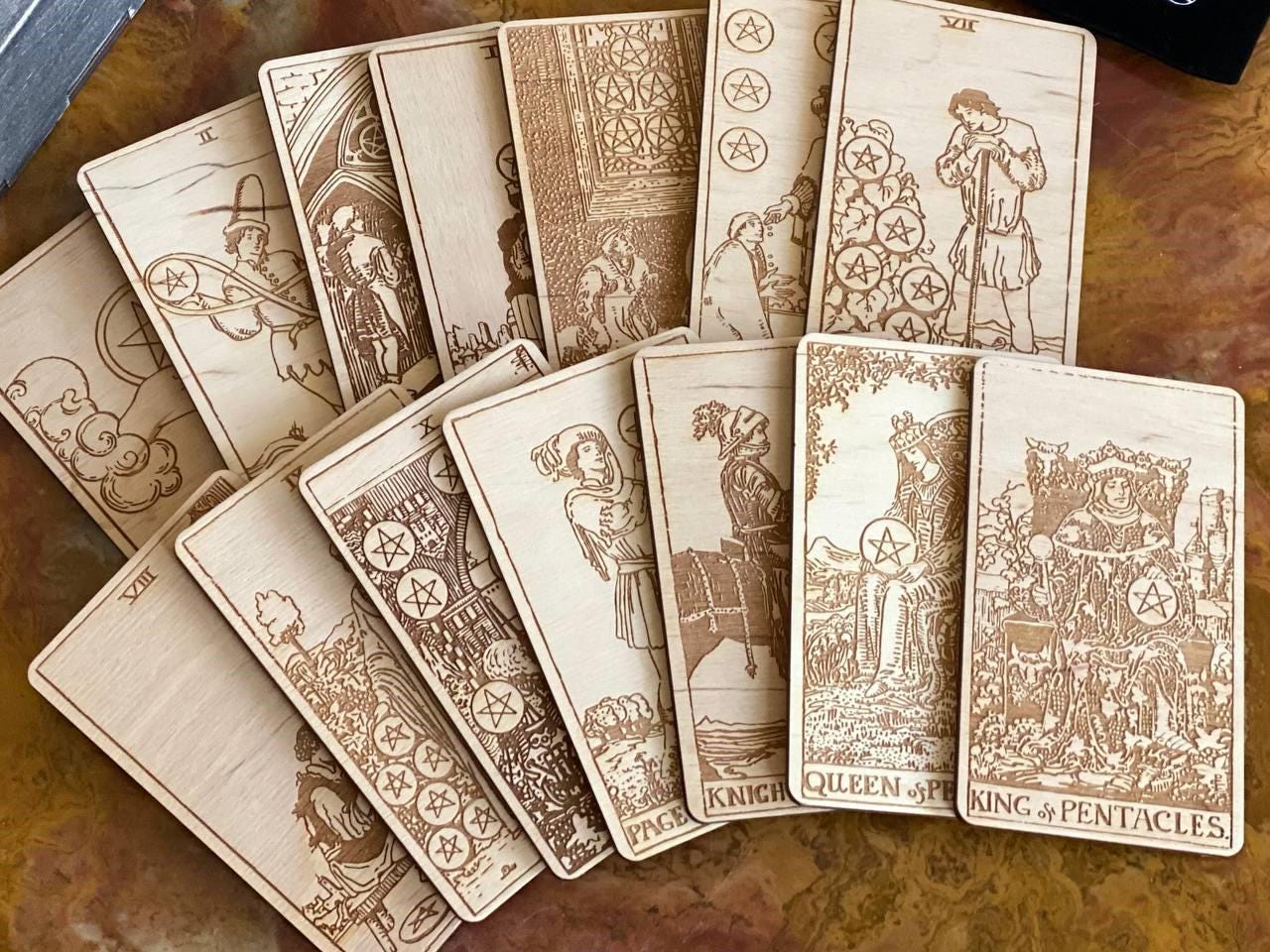 Wooden Tarot Cards Pentacles Suit Rider–Waite–Smith Engraved Deck Earth Element