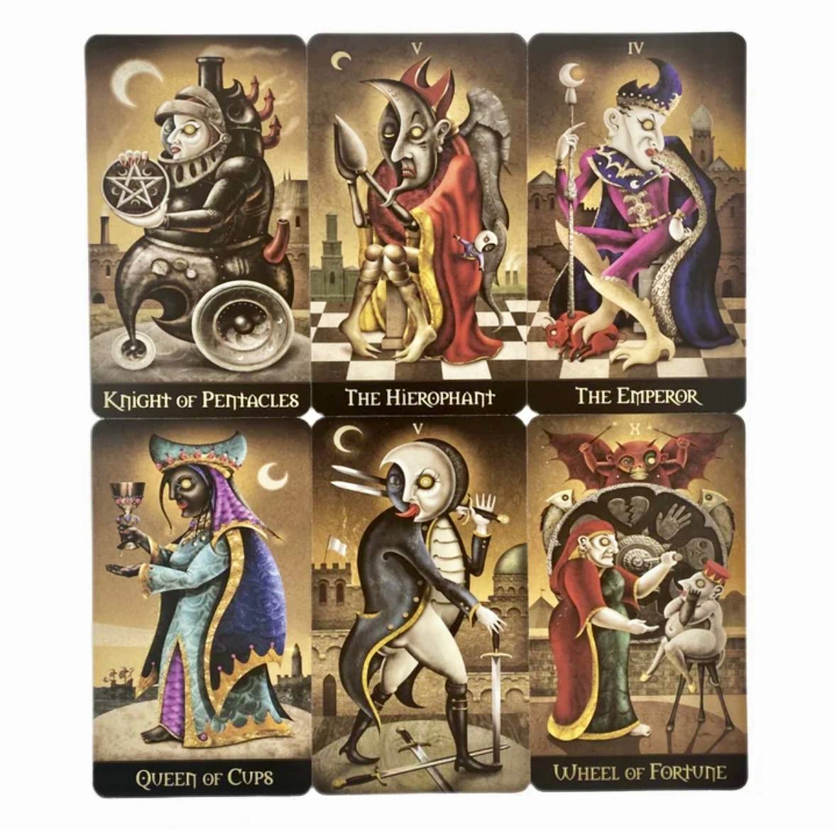 six tarot cards, each depicting a different character from the tarot deck. The cards are arranged in a grid format, with each card showing a unique illustration of a character from the deck.