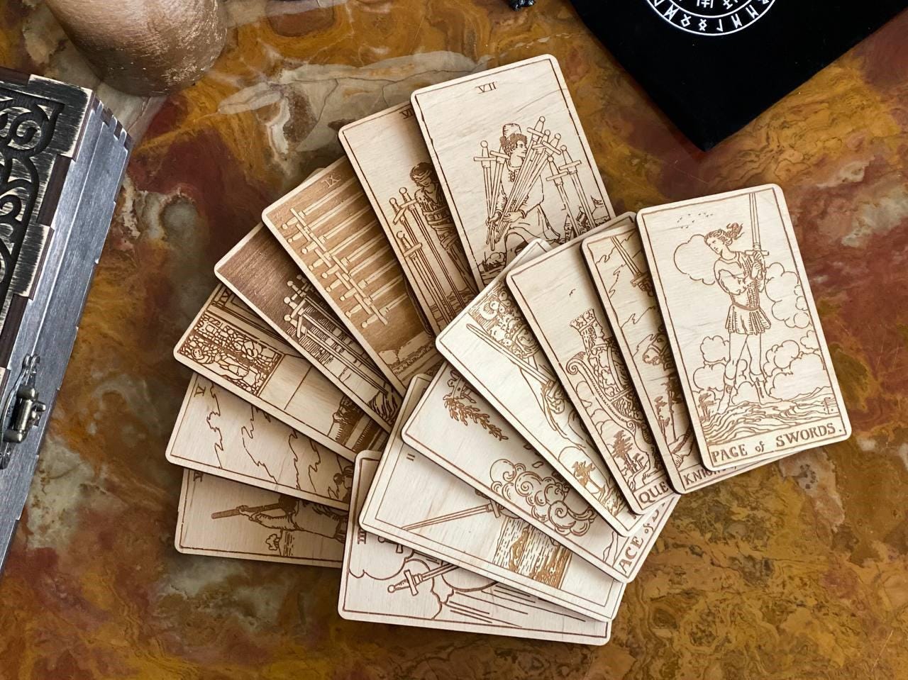 Wooden Tarot Cards Swords Suit Rider–Waite–Smith Engraved Deck Air Element