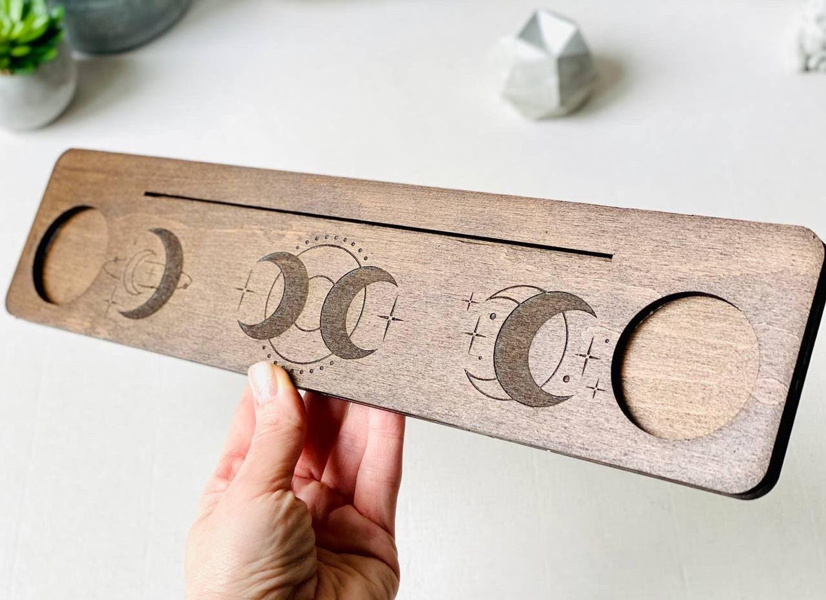 Personalized Moon Tarot Card Holder with Candle Stands, Wooden Altar Display
