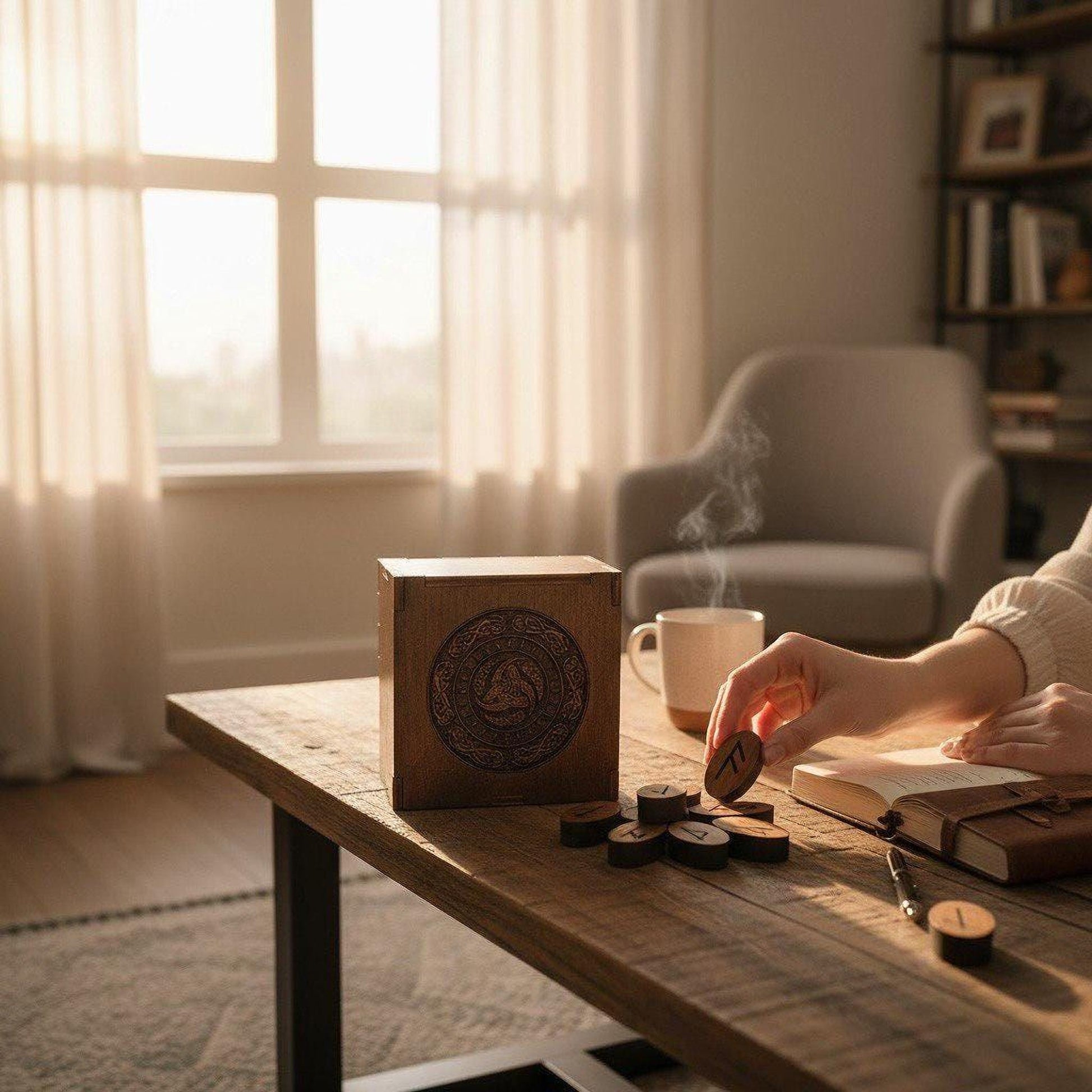 A person's hand is seen placing a small object on a wooden table, surrounded by various items such as a box, a mug, and a book.