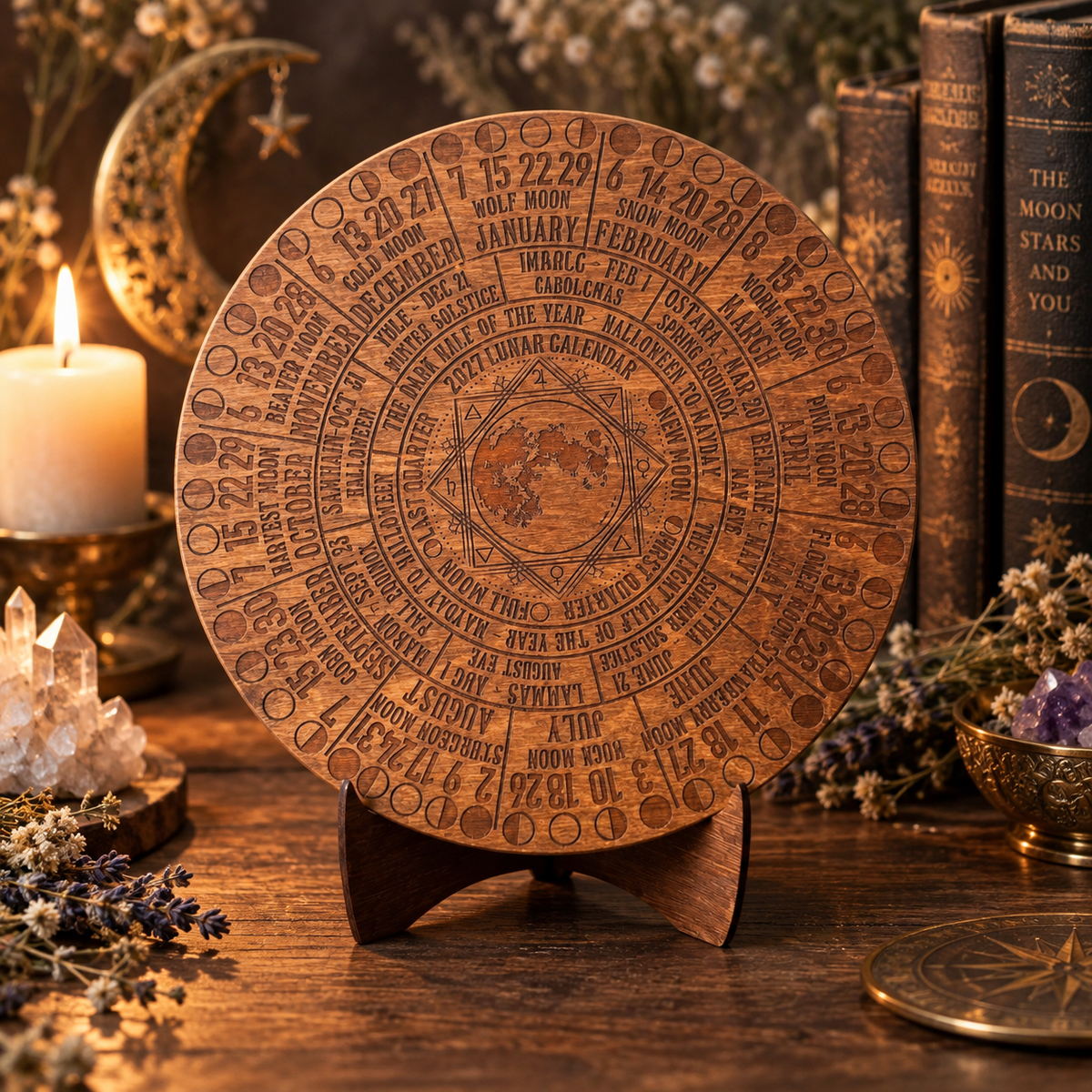 2027 Moon Phase Calendar | Wooden Lunar Planner with Stand