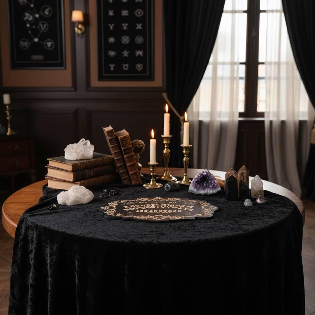 Ouija board, black wood, spirit board with planchette, gothic divination decor