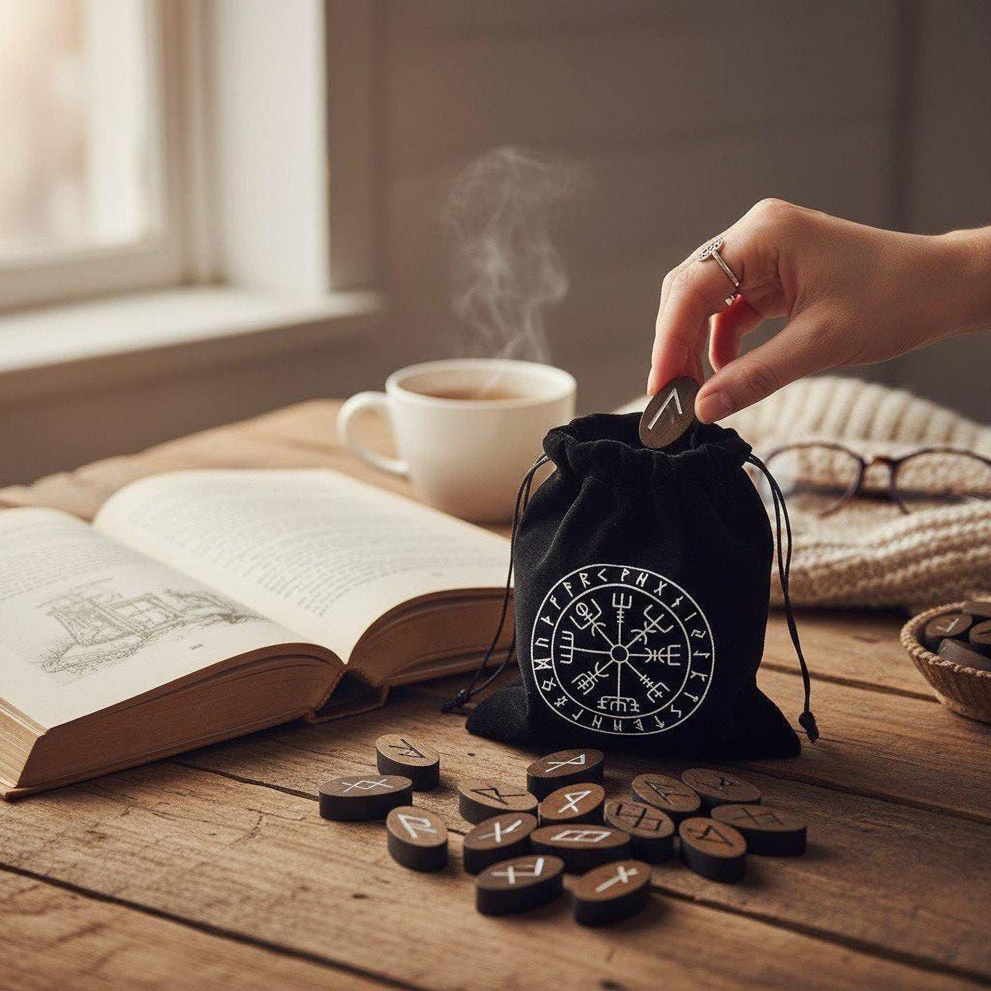 A hand is placing a Viking symbol into a black pouch on a wooden table, with an open book, a cup of coffee, and a pair of glasses nearby.