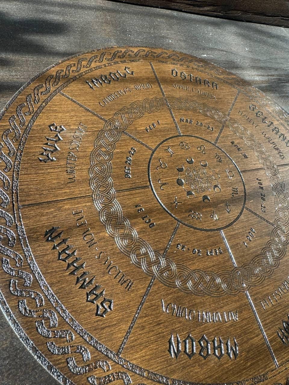 Wooden Wheel of Life Calendar, Celtic Tree Zodiac Engraved Disc, Wiccan Altar Decor