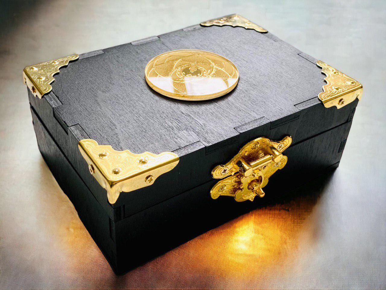 Tarot card  box, black box with golden eye, divination tools storage, witch gift