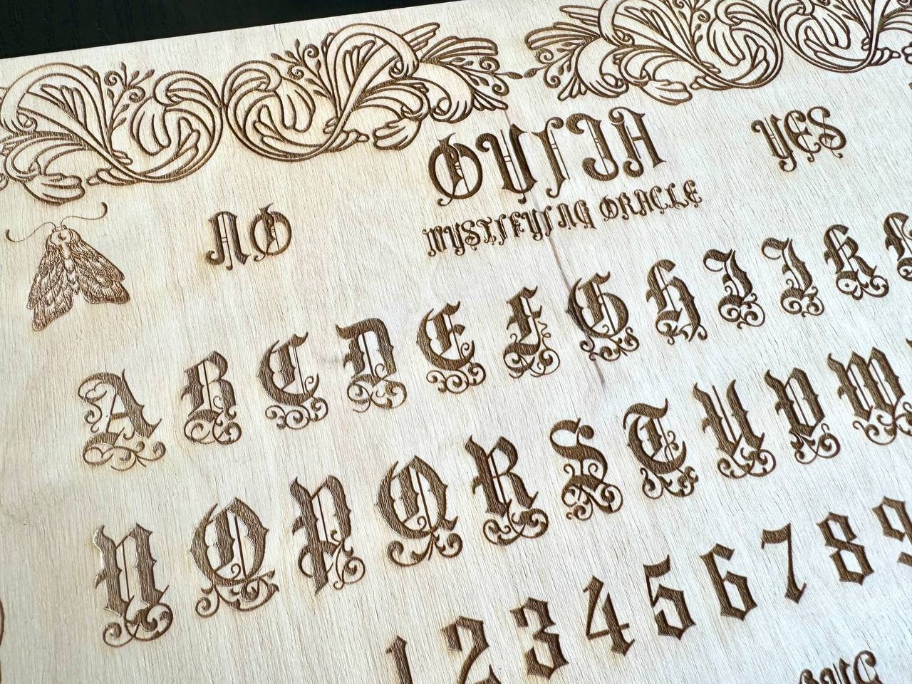 Wooden Ouija Board with Planchette, Engraved Spirit Board, Gothic Alphabet Talking Board