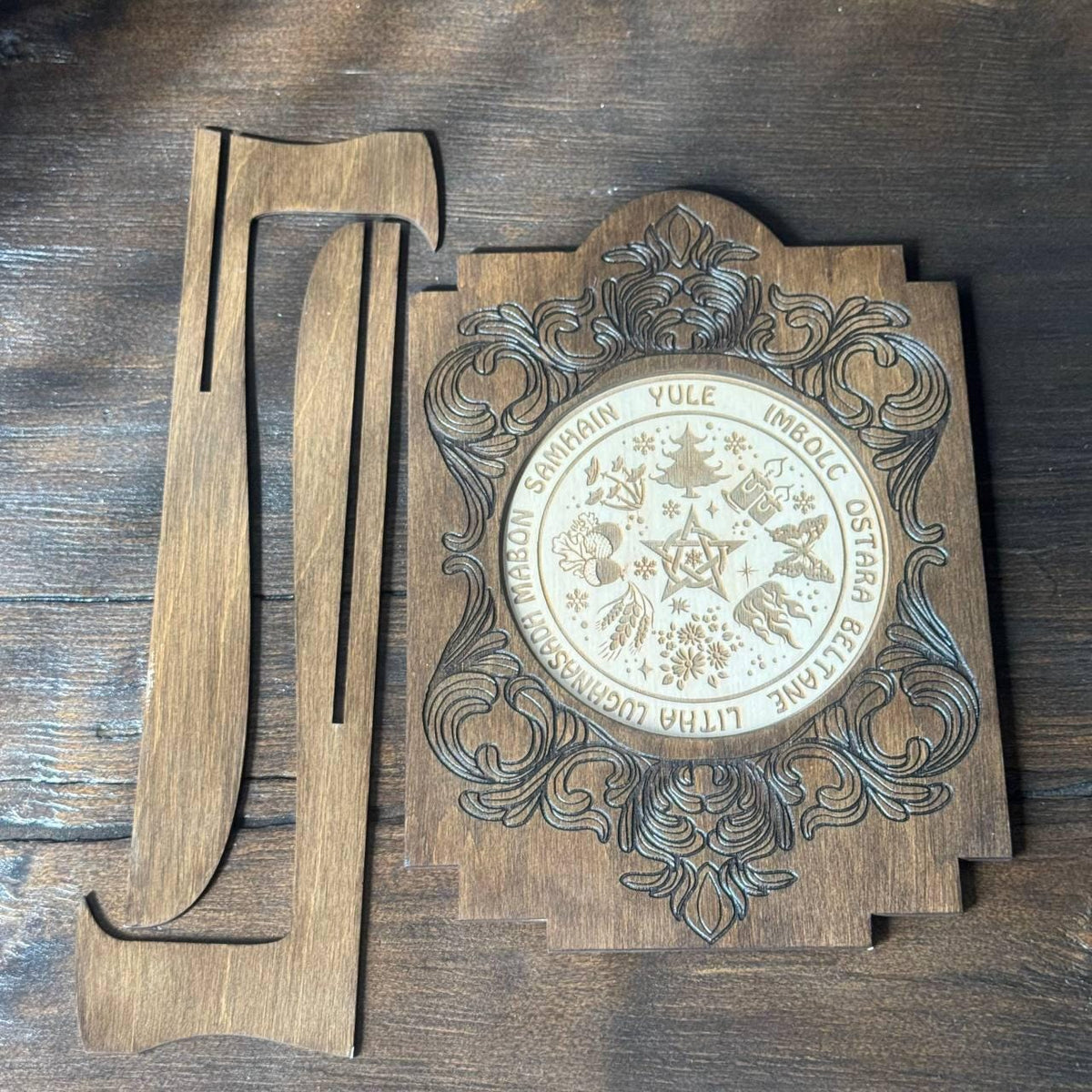 Wooden Wheel of the Year Altar Calendar with Stand, Engraved Wiccan Sabbat Decor