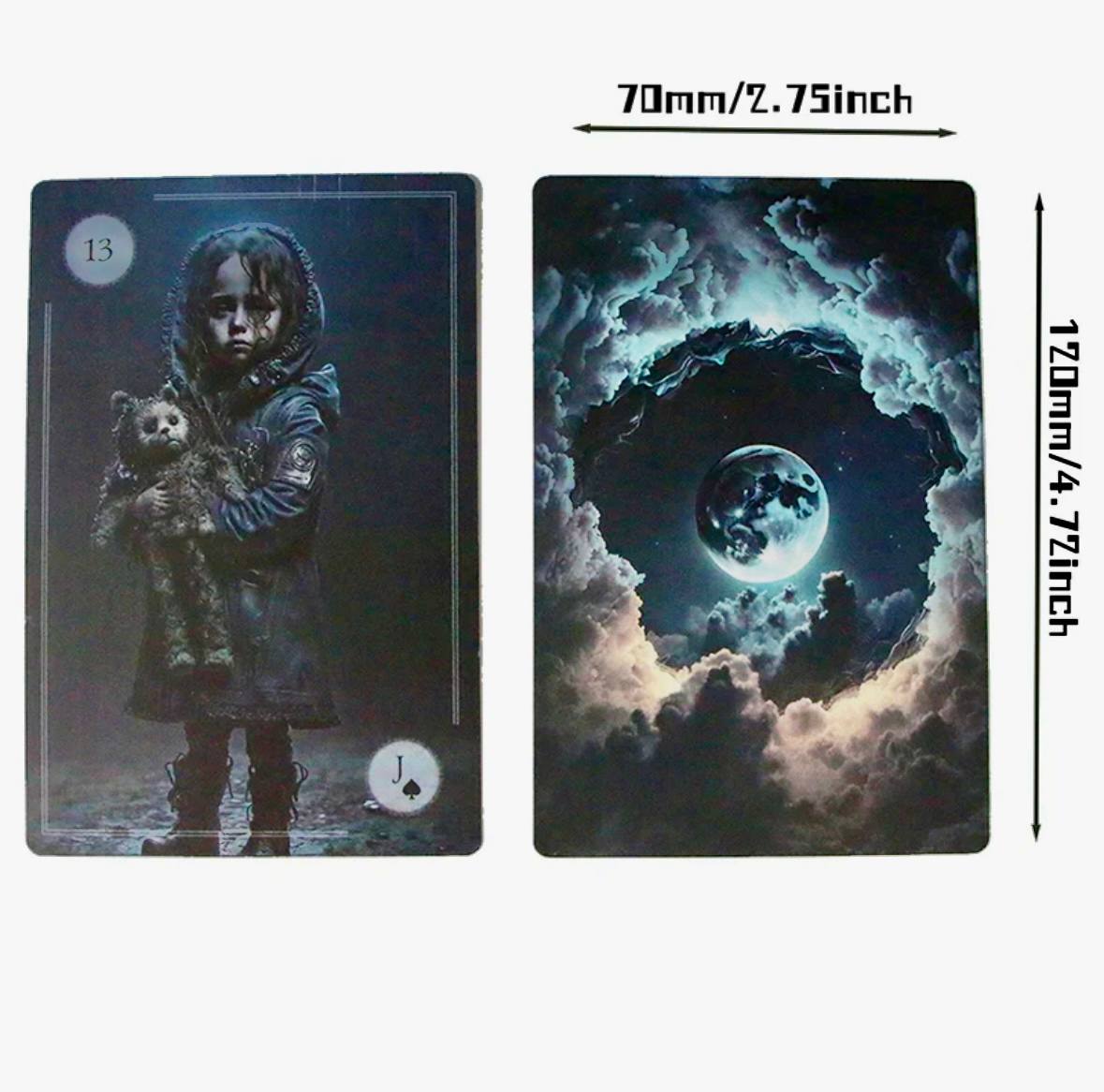 two distinct scenes. On the left, a young girl is holding a teddy bear, and on the right, a large full moon is visible through a cloud-filled sky. The image is described as having a size of 70mm/2.75inch.
