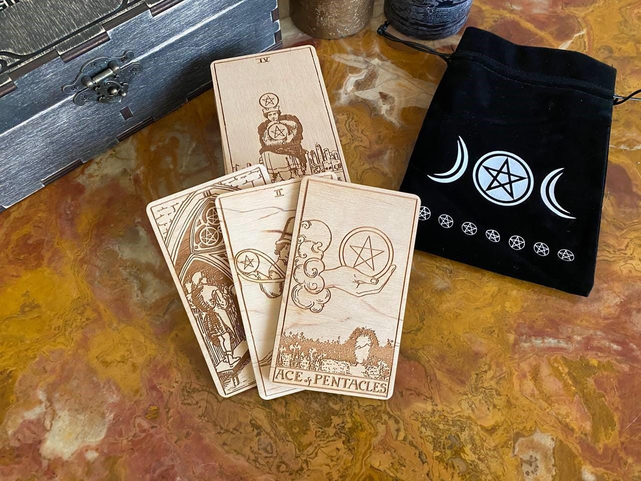 Wooden Tarot Cards Pentacles Suit Rider–Waite–Smith Engraved Deck Earth Element