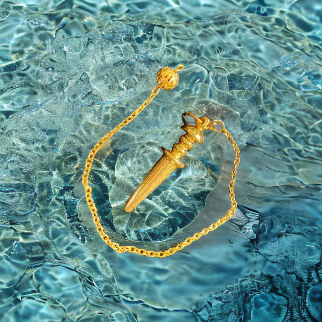 A golden pendant with a pointed end is suspended in a body of water, creating a visually striking contrast between the metallic pendant and the blue-green water.
