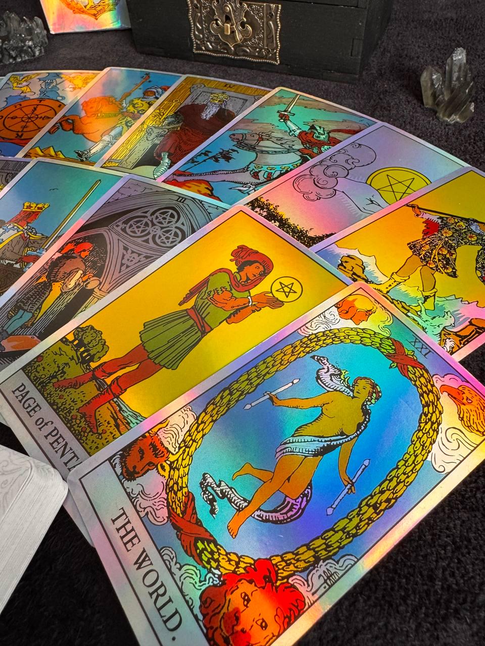 Holographic Rider Waite Tarot Deck Set, Personalized Box