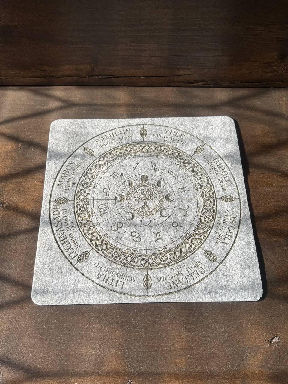 Wiccan Calendar Felt Altar Mat, Zodiac Circle Divination and Pagan Ritual Pad
