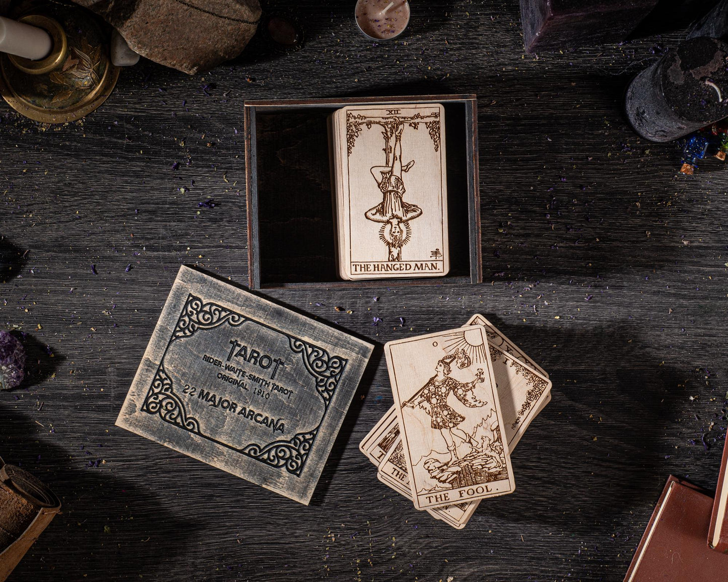 Wooden Tarot Cards 22 Major Arcana Rider Waite Natural Wood Engraved Deck with Box
