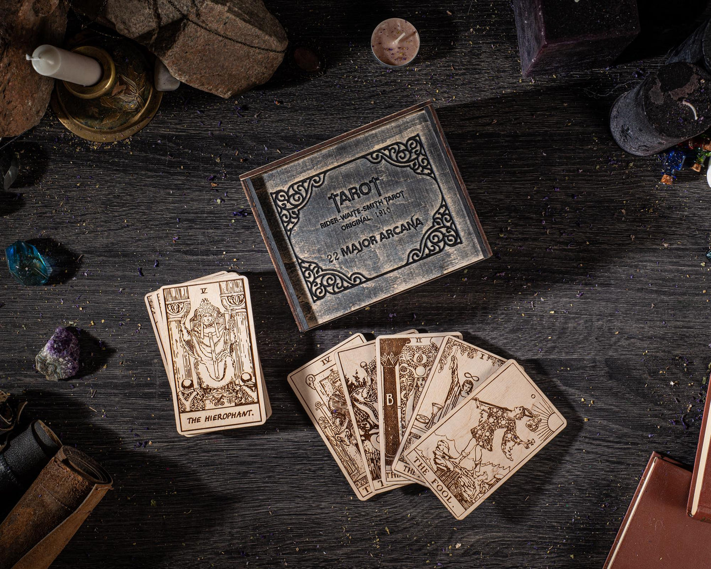 Wooden Tarot Cards 22 Major Arcana Rider Waite Natural Wood Engraved Deck with Box
