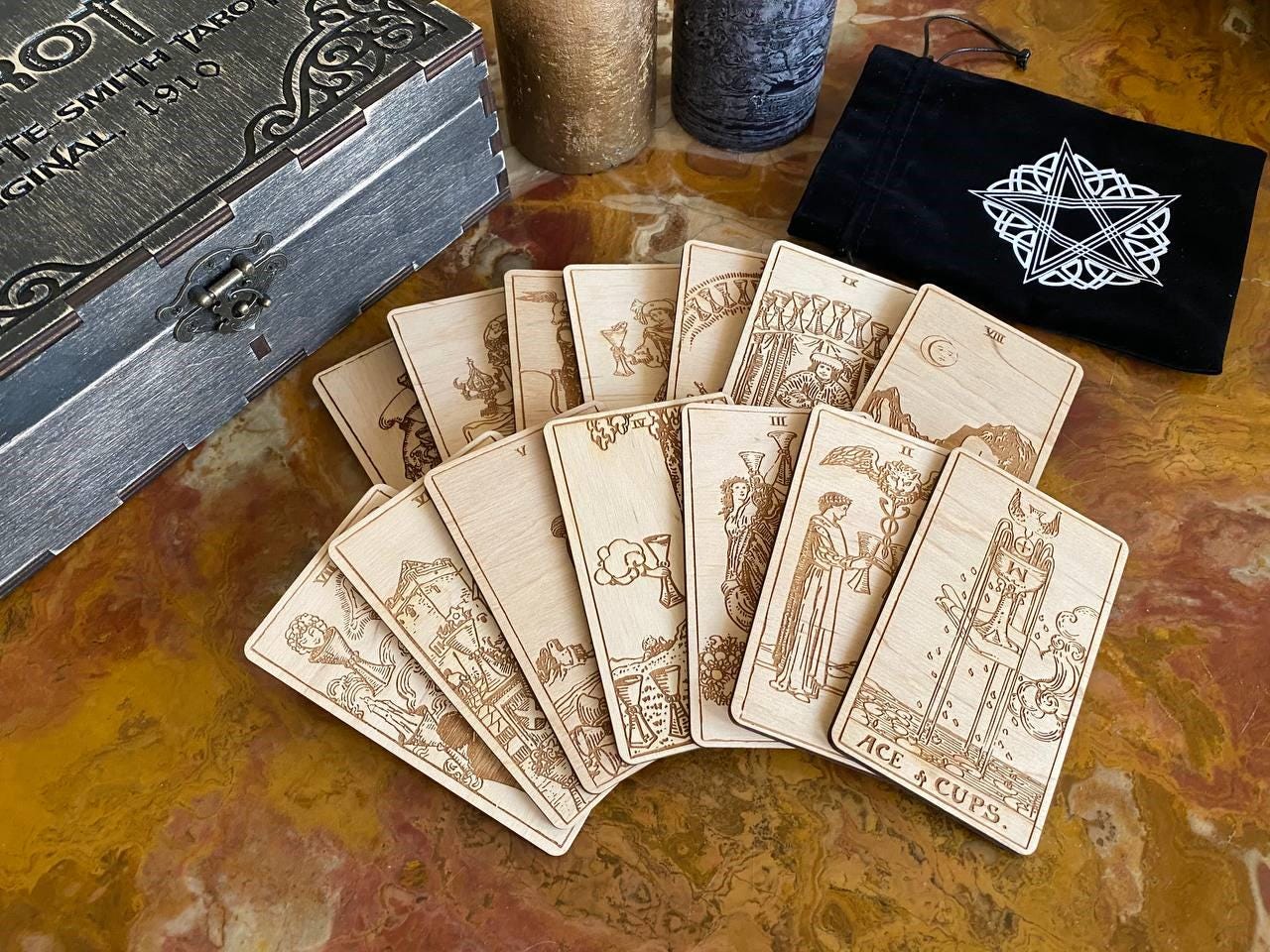 Wooden Tarot Cards Cups Suit Rider–Waite–Smith Engraved Deck Water Element