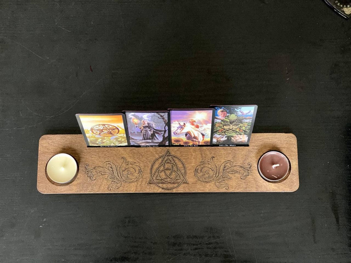 Engraved Wooden Tarot Card Holder with Candle Stand, Personalized Altar Display