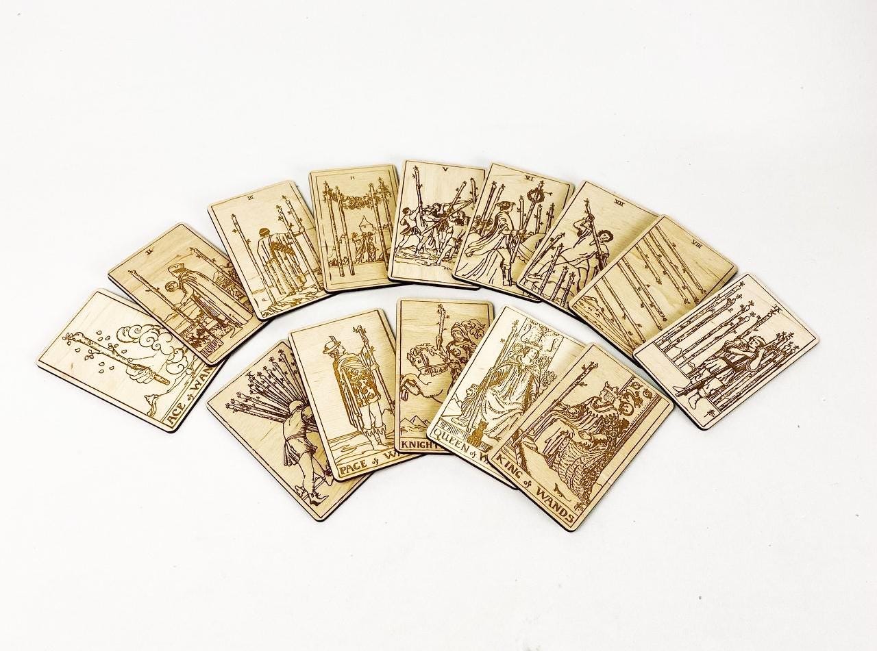Wooden Tarot Cards Wands Suit Rider–Waite–Smith Engraved Deck Fire Element