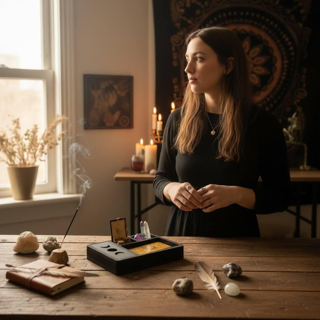 Black Tarot and Crystal Organizer, Moon Phase Witchcraft Storage Box