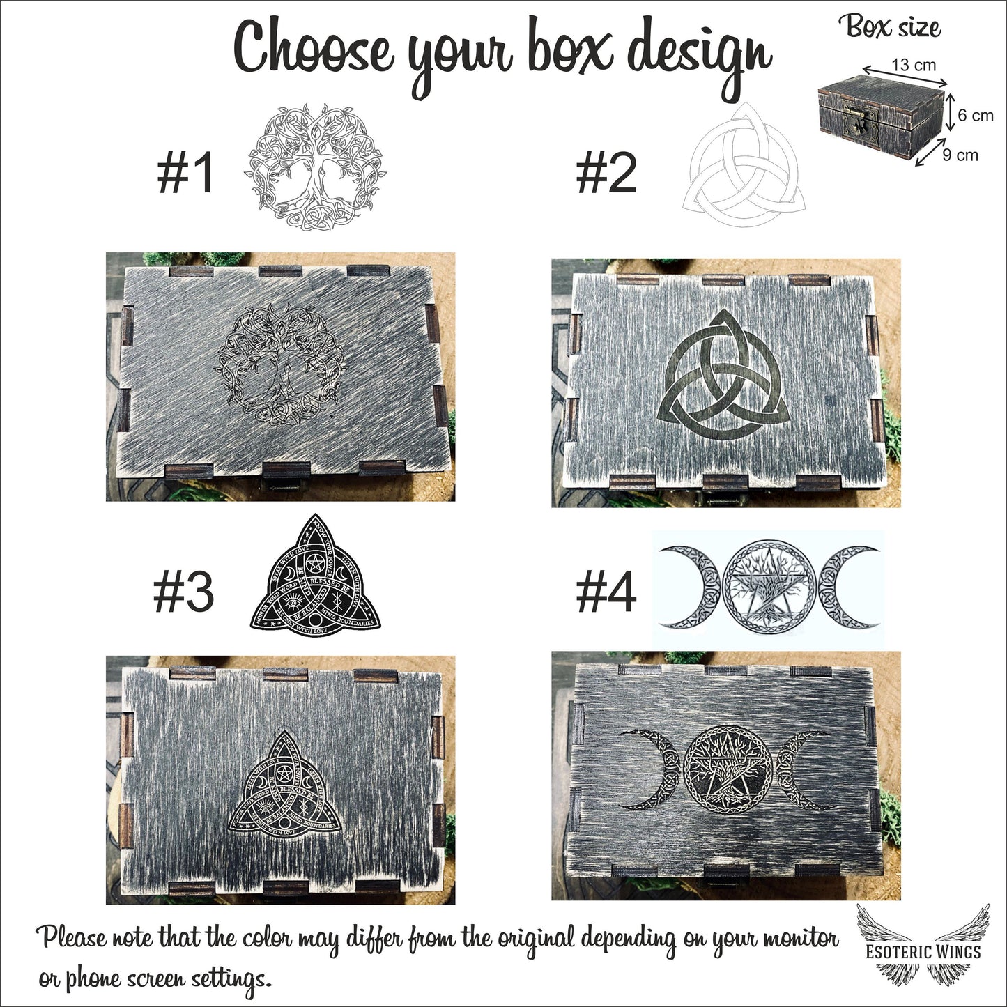 a selection of box designs, each featuring a unique symbol or pattern. The boxes are available in various sizes, with one being a small box and another being a larger box. The image includes a tree design, a Celtic knot, a crescent moon, and a wheel. The color of the boxes may vary depending on the monitor or phone screen settings. The image does not contain any text, and the color of the boxes may differ from the original design.