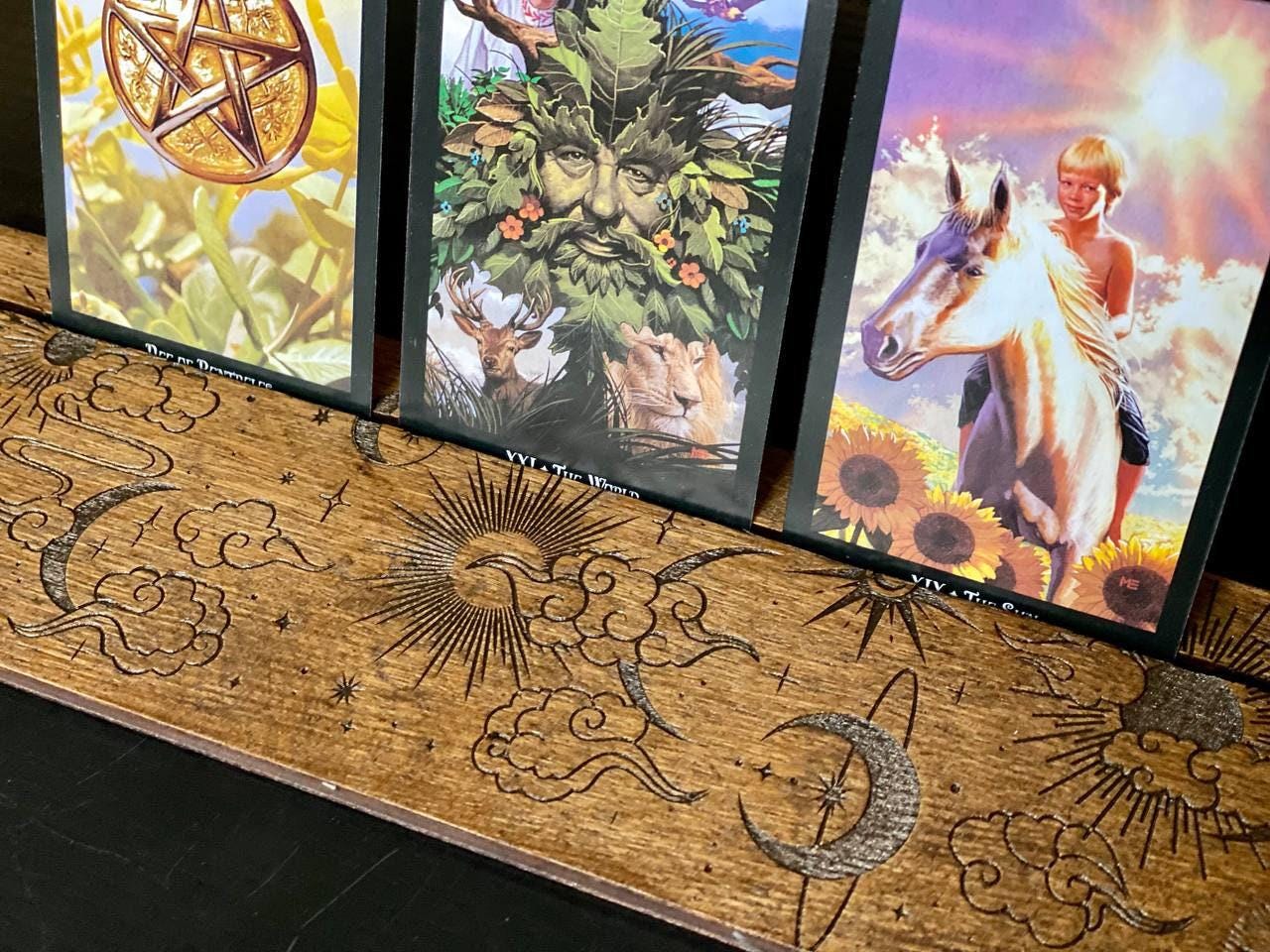 Moon and Sun Tarot Card Stand, Engraved Wooden Reading Holder