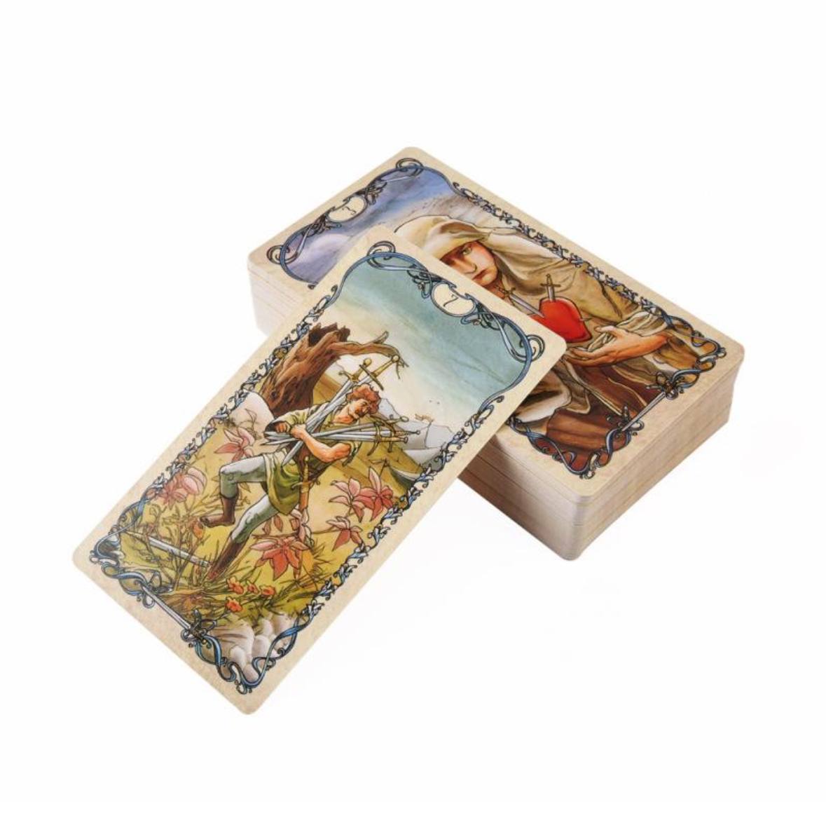 a deck of playing cards with various illustrations and designs on the front and back covers.