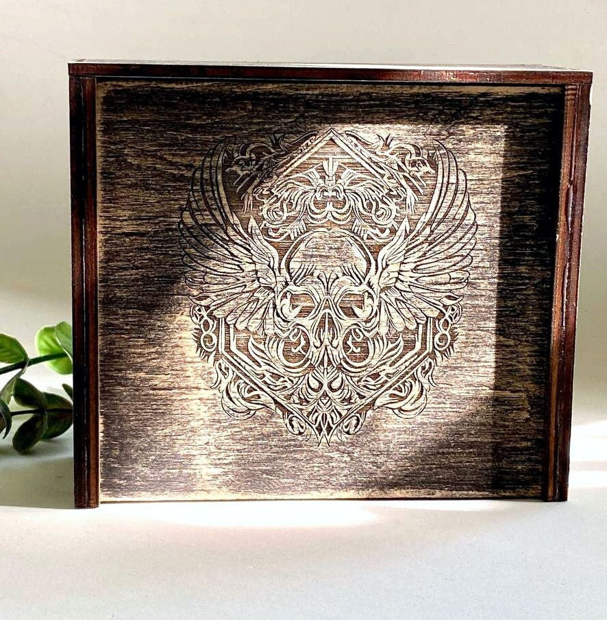 Tarot cards and crystals storage wooden box, Engraved personalized casket for witch tools