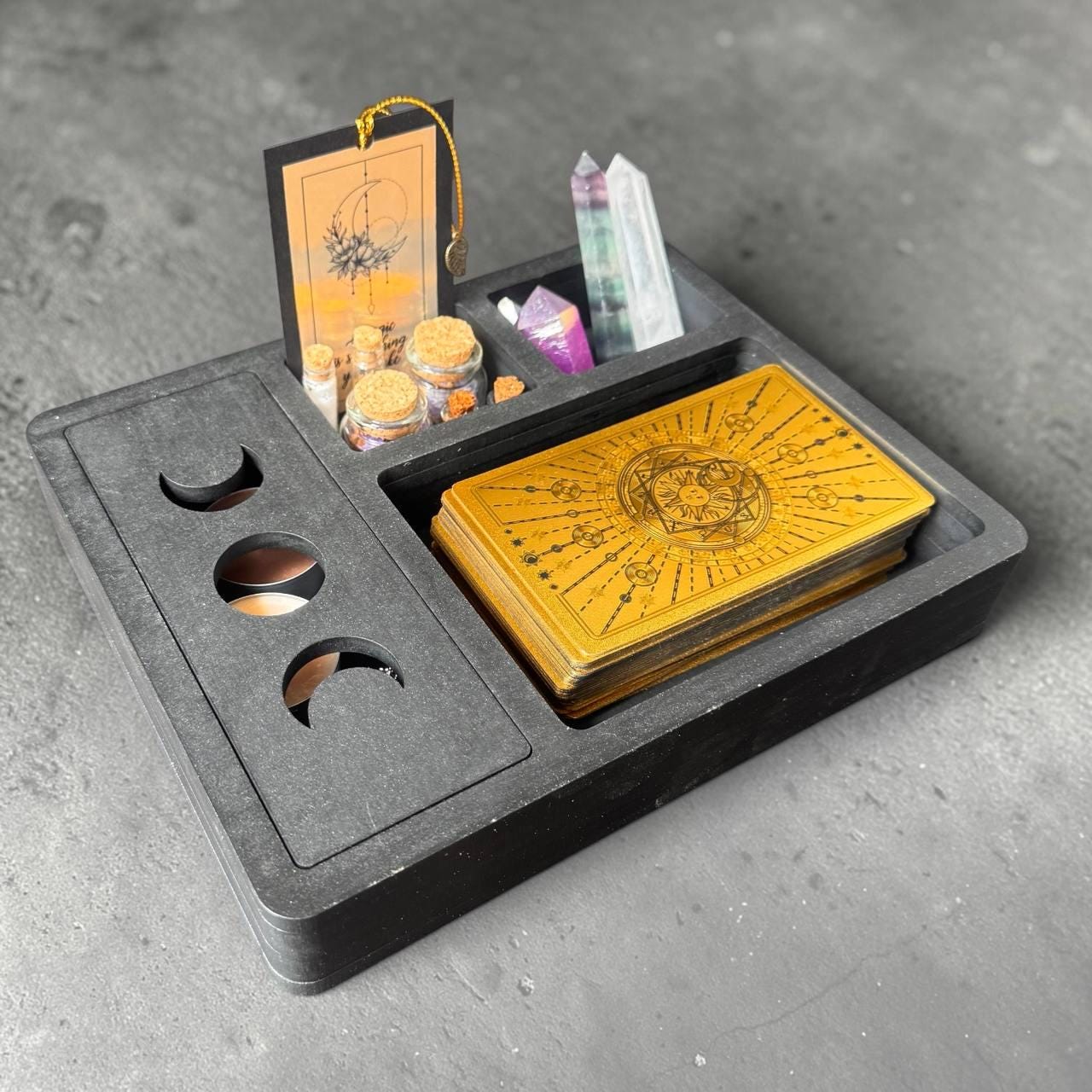 Black Tarot and Crystal Organizer, Moon Phase Witchcraft Storage Box