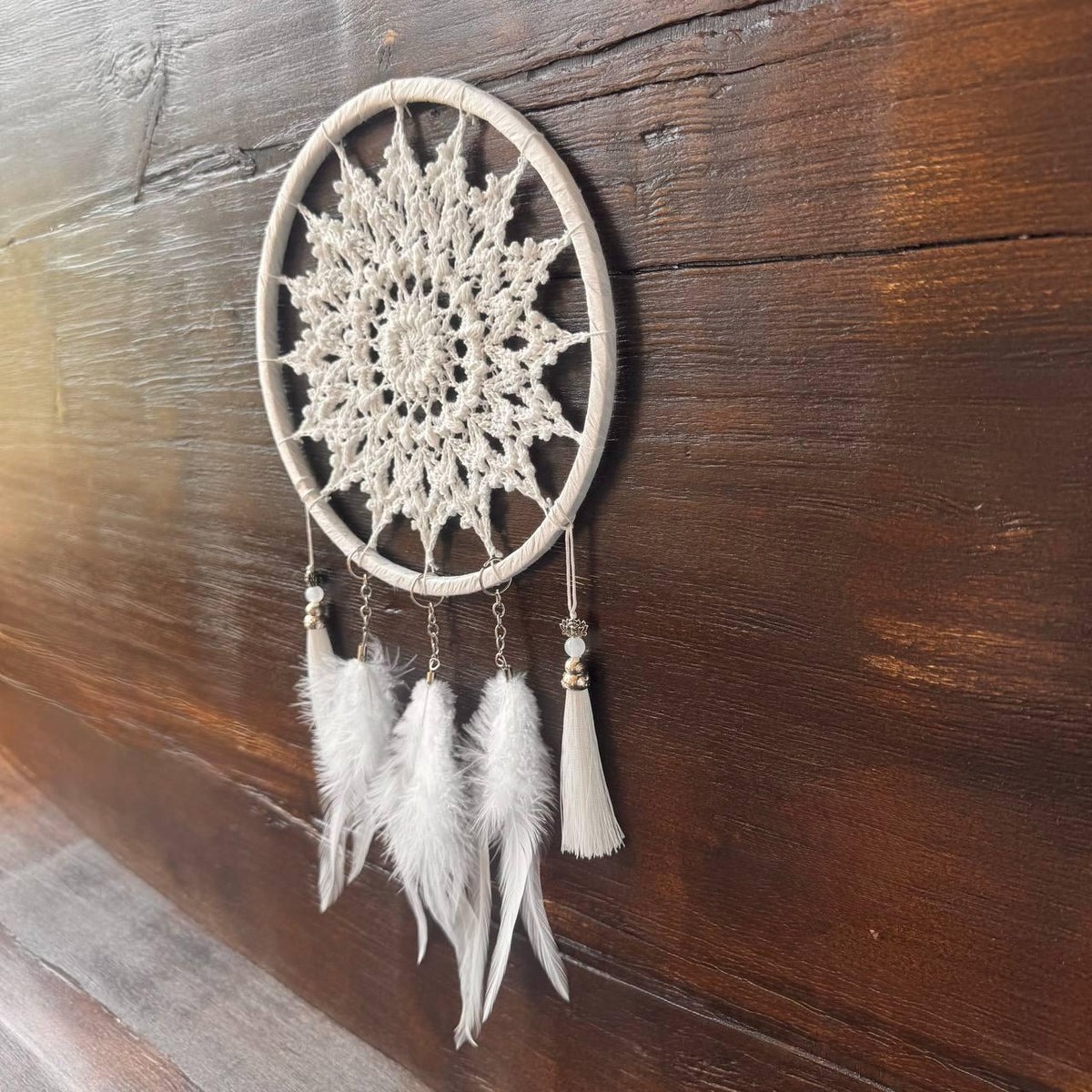 White Crochet Dream Catcher – Boho Bedroom & Nursery Decor